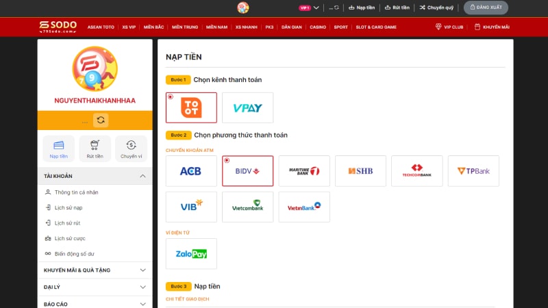 Hướng dẫn chi tiết nạp tiền 79sodo